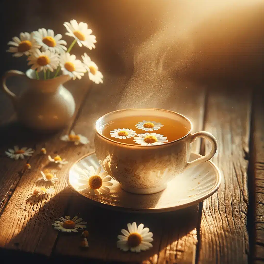 DALL·E 2024 03 15 10.18.23 A warm inviting photograph of a cup of chamomile tea. The cup is made of delicate porcelain and sits on a rustic wooden table. Sunlight filters throu