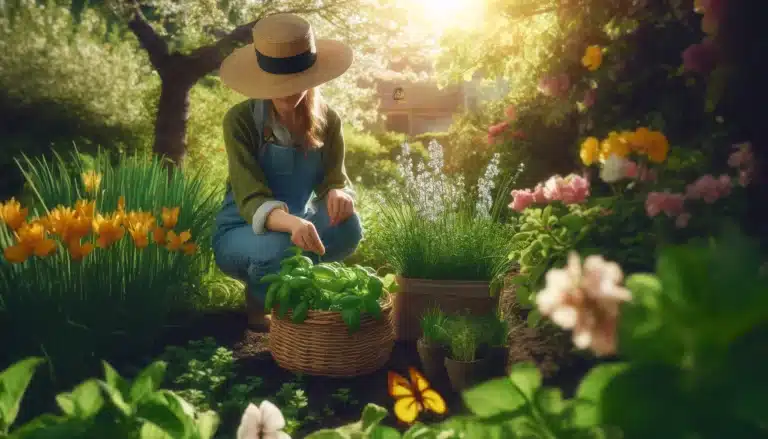 DALL·E 2024-04-12 17.06.15 - A bright and lively spring scene outdoors, focusing on a person in a serene garden, surrounded by blooming flowers and fresh springtime herbs