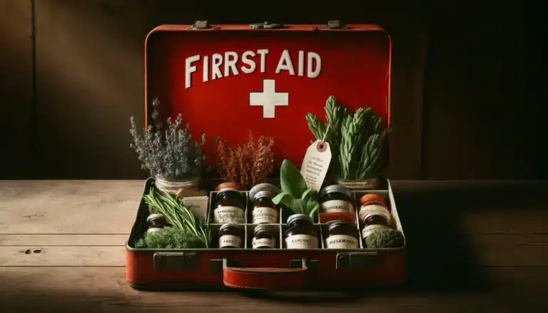 DALL·E 2024-04-12 17.45.36 - A red first aid box, designed in a vintage style to match the aesthetic of the rustic apothecary cabinet in the image provided