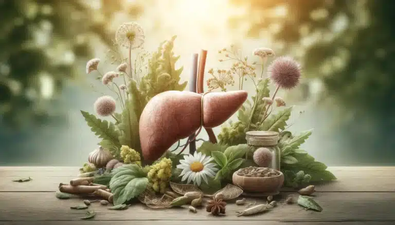 DALL·E 2024-04-17 14.40.21 - A detailed depiction of a gallbladder surrounded by a variety of medicinal herbs, including dandelion, milk thistle, and peppermint