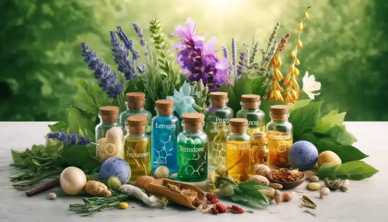 DALL·E 2024-04-17 15.03.09 - A visually engaging image depicting various hormones alongside medicinal herbs