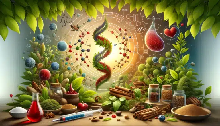 DALL·E 2024-04-23 16.22.49 - A wide-format educational image that illustrates the relationship between blood sugar levels and the use of herbs