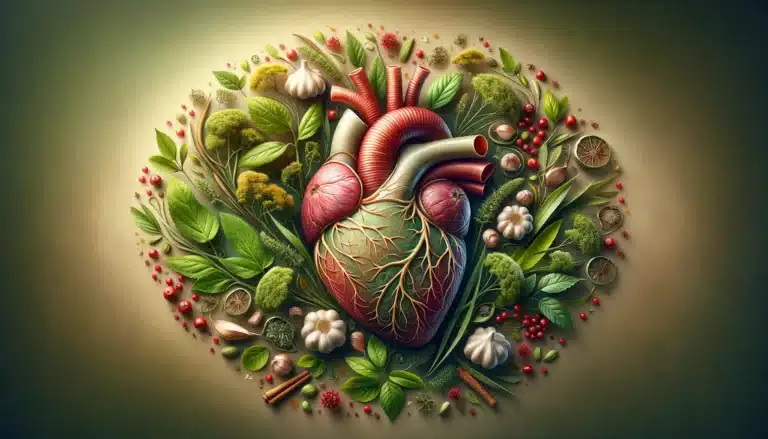 DALL·E 2024-04-23 16.36.28 - A visually compelling wide-format image that symbolizes the connection between herbs and heart health