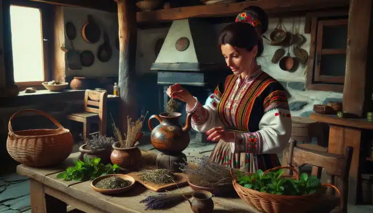 DALL·E 2024-05-02 14.41.52 - A traditional Bulgarian scene of making herbal tea