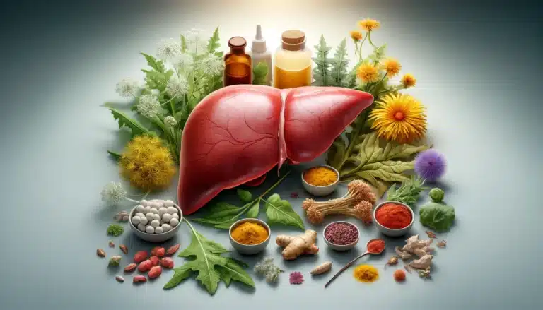 DALL·E 2024-05-15 20.24.29 - An educational wide format illustration depicting a human liver alongside various herbs associated with liver health