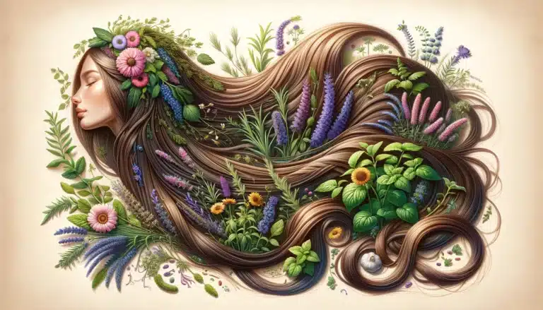 DALL·E 2024-05-16 16.45.29 - A stunning and detailed wide-format illustration featuring long, flowing hair intertwined with a variety of medicinal herbs