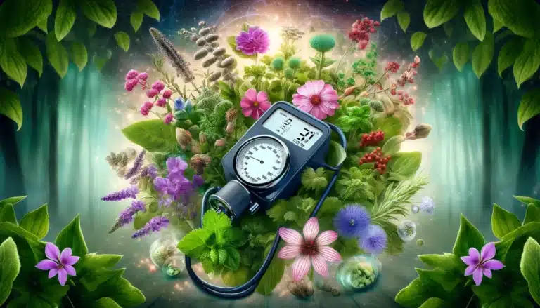 DALL·E 2024-05-17 20.18.03 - A mystical-themed wide collage image representing high blood pressure and herbs known for their potential benefits in managing it