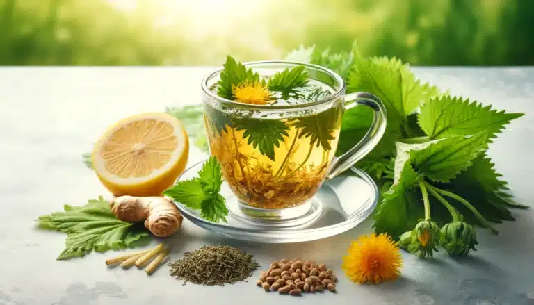 DALL·E 2024-05-29 18.49.14 - A vibrant and refreshing herbal tea for energy boost, featuring a clear glass teacup filled with golden tea