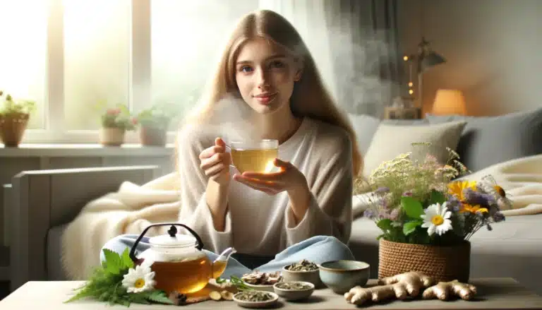 DALL·E 2024-05-31 19.03.14 - A serene and comforting scene depicting a young woman drinking herbal tea to alleviate menstrual cramps. The setting is a cozy, softly lit room