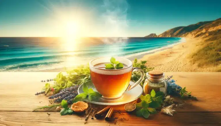 DALL·E 2024-06-05 14.52.20 - A detailed and vibrant image of a cup of hot tea by the sea during summer