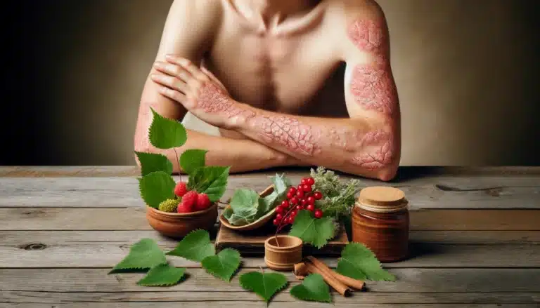 DALL·E 2024-06-12 14.49.49 - An image showing a person with psoriasis on their skin, focusing on affected areas such as elbows, knees, or hands