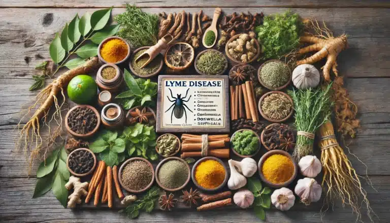 DALL·E 2024-06-13 10.49.38 - A collection of herbs known to help with Lyme disease arranged aesthetically on a wooden table