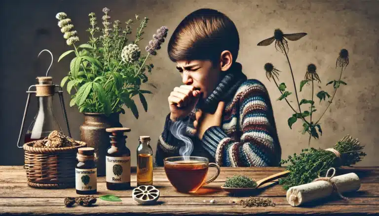 DALL·E 2024-06-17 14.48.53 - An image depicting whooping cough (pertussis) symptoms in a person, alongside herbal remedies for treatment