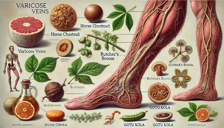 DALL·E 2024-06-20 14.48.36 - A detailed and educational image showing varicose veins on a leg, with an adjacent section displaying various medicinal herbs used for treating them