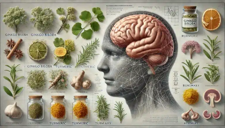 DALL·E 2024-06-20 16.02.24 - A high-quality, detailed educational image showing various medicinal herbs alongside a depiction of the human brain