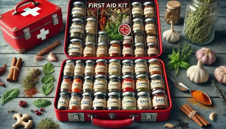 DALL·E 2024-07-01 07.42.43 - A detailed image of a red first aid kit opened to reveal various medicinal herbs and spices inside