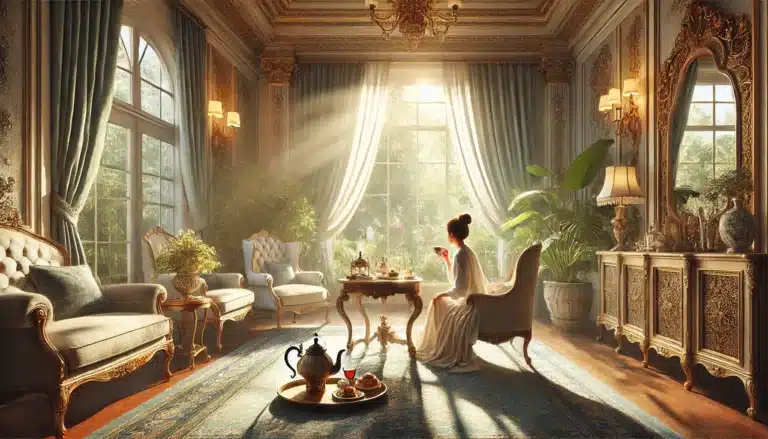 DALL·E 2024-07-08 14.39.31 - A serene and beautifully detailed scene of a person drinking tea in a luxurious, comfortable setting