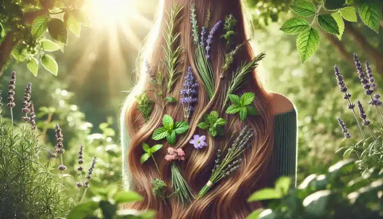 DALL·E 2024-07-11 10.54.18 - A close-up image of long, flowing hair intertwined with various fresh herbs