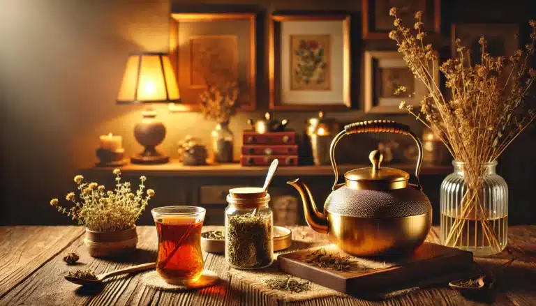 DALL·E 2024-07-12 15.25.35 - A cozy and warm scene featuring a brass teapot, a container of herbal tea, and a glass of brewed tea on a wooden table