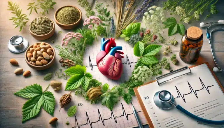 DALL·E 2024-07-16 09.29.42 - A detailed image illustrating the concept of managing arrhythmia with herbs