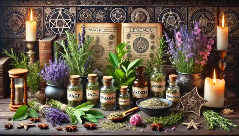 DALL·E 2024-07-22 14.53.00 - A mystical scene showcasing various herbs associated with magic and legends from different cultures