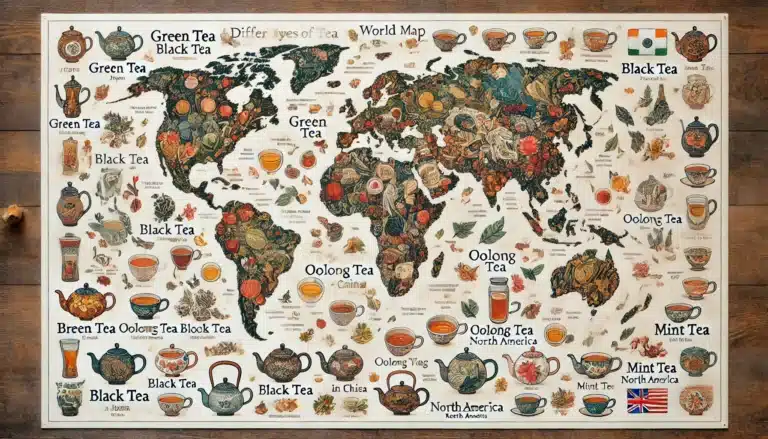 DALL·E 2024-07-24 11.51.30 - A detailed world map showcasing different types of tea consumed in various regions and the reasons behind their popularity