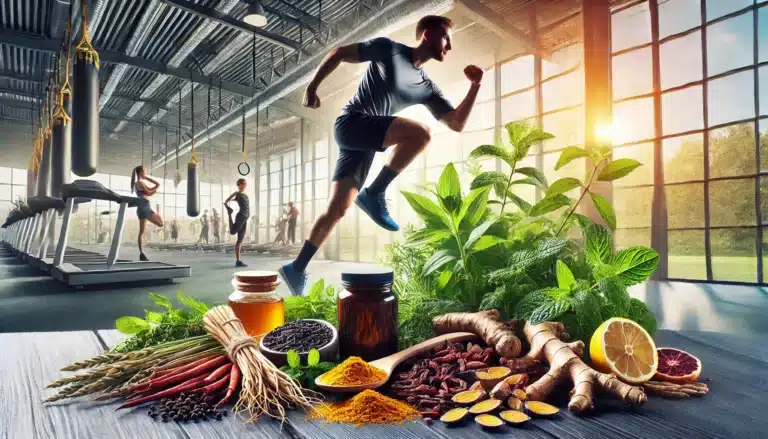 DALL·E 2024-07-30 13.13.43 - A dynamic scene featuring athletes using herbs to enhance their performance