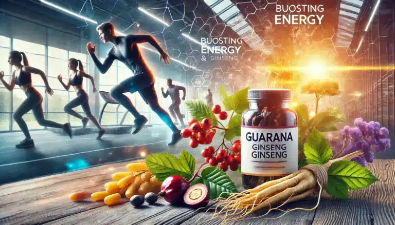 DALL·E 2024-08-02 12.55.31 - A vibrant and dynamic scene illustrating the use of herbs like guarana and ginseng to boost energy