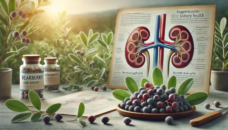 DALL·E 2024-08-02 13.06.49 - A detailed scene illustrating the use of bearberry (Arctostaphylos uva-ursi) for kidney health