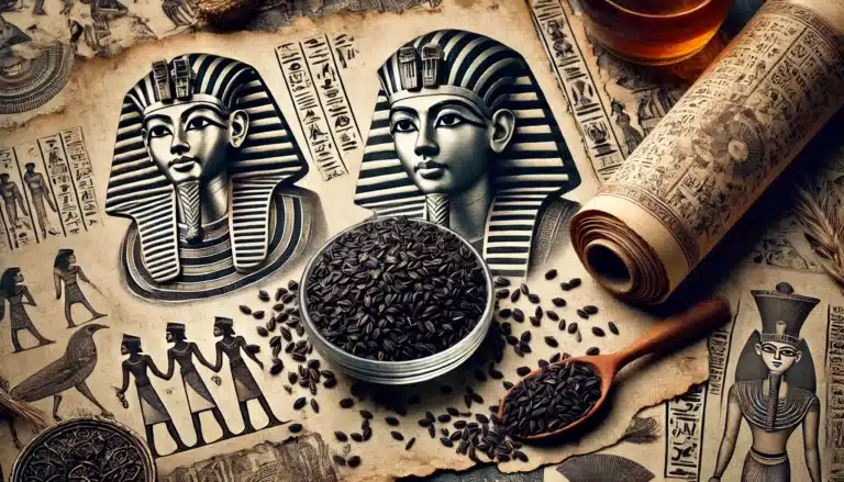 DALL·E 2024-08-02 13.50.08 - A detailed and historical scene featuring black cumin (Nigella sativa) and references to Tutankhamun