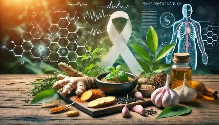 DALL·E 2024-08-02 14.09.48 - A detailed and informative scene highlighting the use of herbs in the fight against cancer