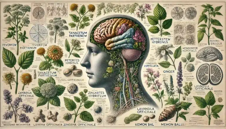 DALL·E 2024-09-02 15.32.12 - A detailed and artistic illustration in the style of a botanical chart, similar to the reference image, focusing on the theme of migraine and herbs