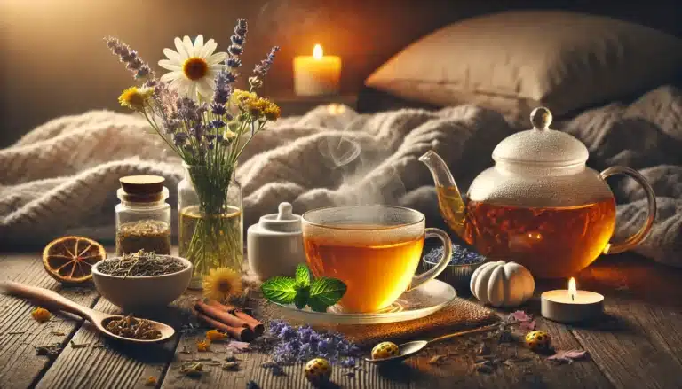 DALL·E 2024-09-13 15.02.56 - A tranquil scene of herbal teas known for aiding sleep, featuring a tea set on a wooden table