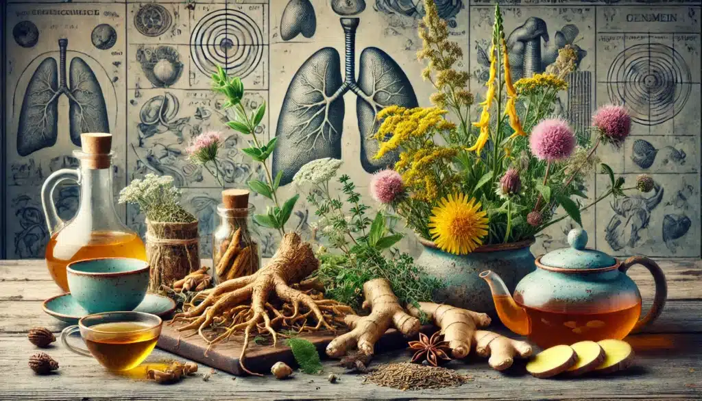 DALL·E 2024 09 20 15.20.00 A detailed image showing a variety of medicinal herbs traditionally used for treating asthma. The scene includes vibrant freshly harvested herbs like