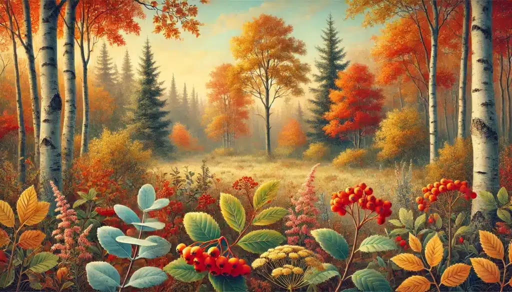 DALL·E 2024 09 20 15.32.16 A wide serene autumn landscape featuring vibrant fall colors. The scene includes a peaceful forest with trees in shades of orange yellow and red w