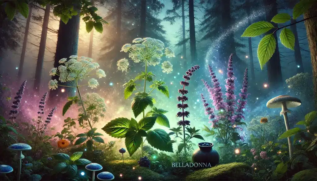 DALL·E 2024 09 20 15.42.26 A magical forest scene featuring four medicinal herbs yarrow basil belladonna and wild thyme. The plants glow with a soft otherworldly light agai