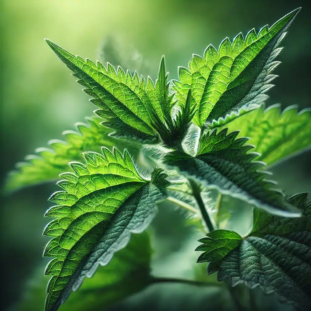 DALL·E 2024 10 15 23.46.40 A close up and detailed image of fresh nettle leaves in a natural outdoor setting. The vibrant green leaves with serrated edges are highlighted by sof