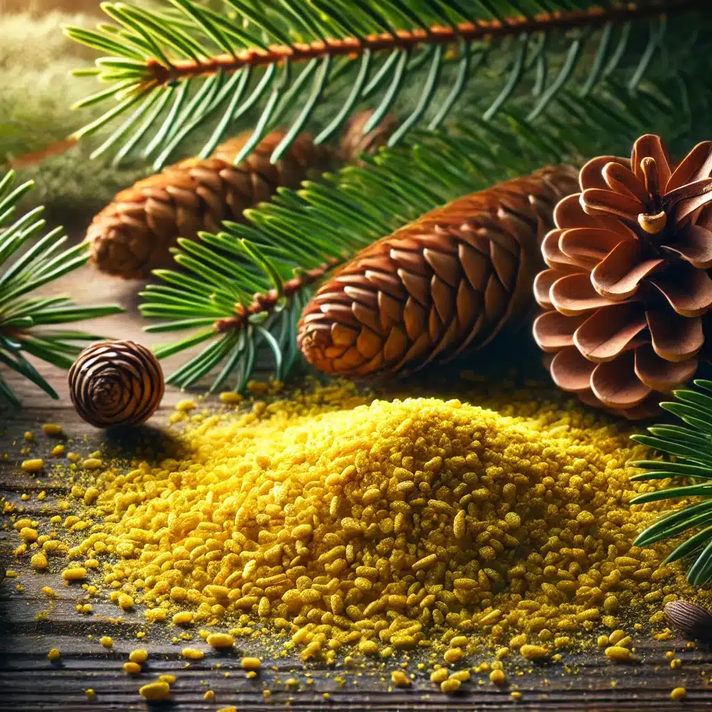 DALL·E 2024 10 17 21.28.59 A detailed and vibrant image of pine pollen scattered on a wooden surface. The scene includes pinecones and green pine needles emphasizing the natura