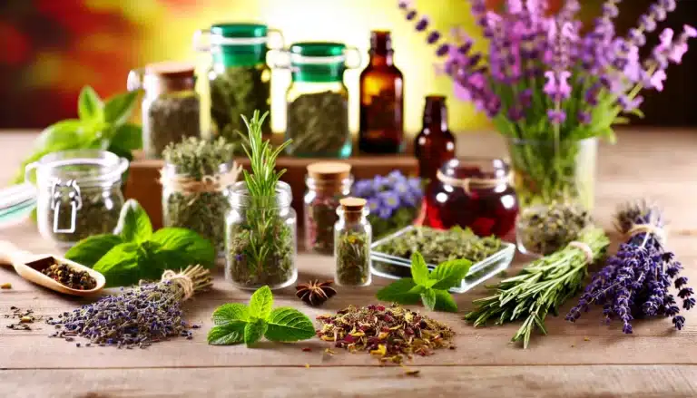 DALL·E 2024-10-18 14.58.37 - A vibrant and detailed image of various essential herbs that are beneficial to have at home