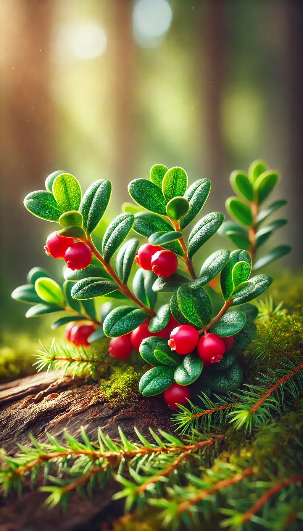 DALL·E 2024 10 21 16.04.00 A detailed and vibrant image of bearberry Arctostaphylos uva ursi known as мечо грозде featuring its bright red berries and small glossy green