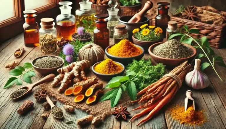 DALL·E 2024-10-22 13.51.33 - A vibrant and detailed image featuring a selection of medicinal herbs used for alleviating symptoms of a herniated disc (дискова херния)