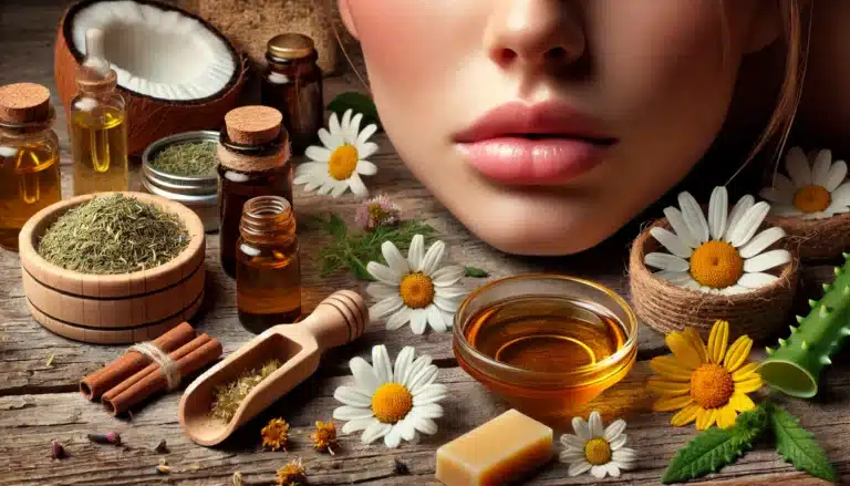 DALL·E 2024-10-28 16.31.26 - A high-quality image depicting a natural remedy setup for dry, chapped lips, with a close-up of a face with visibly dry lips