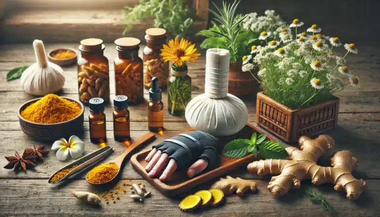 DALL·E 2024-11-12 23.10.45 - A high-quality, detailed image featuring natural herbs and remedies for alleviating pain and inflammation associated with carpal tunnel syndrome