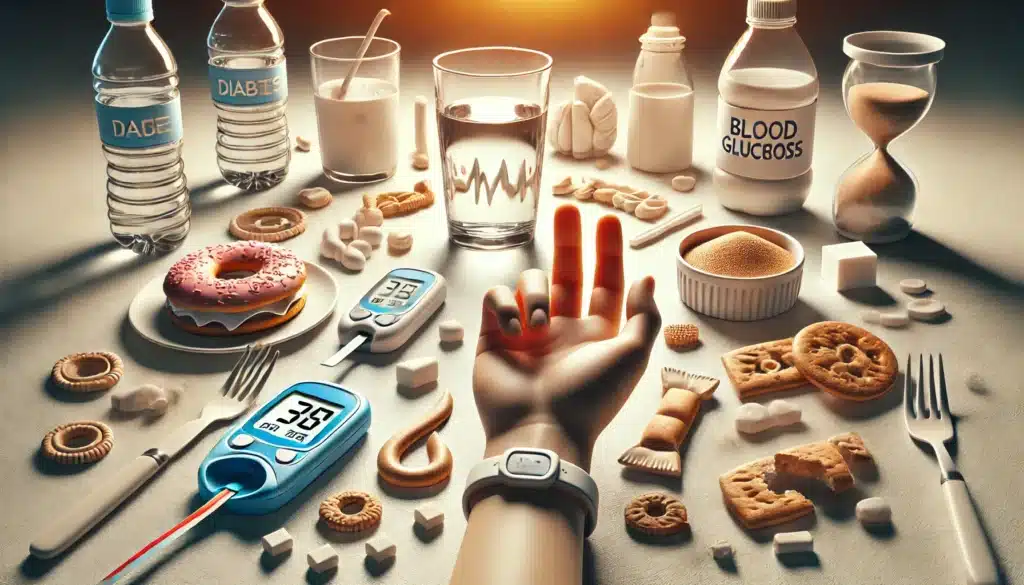 DALL·E 2024 11 14 17.37.47 A high quality informative image depicting early symptoms of diabetes. The scene includes symbols like a glass of water a blood glucose monitor a h