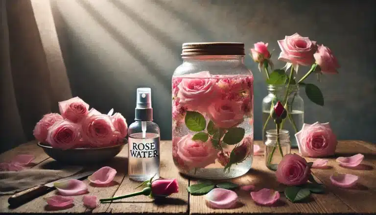 DALL·E 2024-11-15 11.48.52 - A serene scene featuring a homemade rose water tonic preparation in a wide format