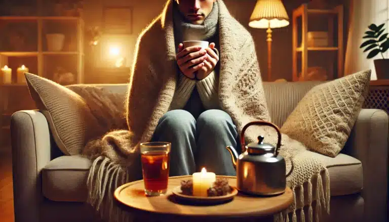 DALL·E 2024-11-20 10.55.20 - A high-quality, detailed image of a person sitting on a couch, wrapped in a warm blanket, holding a steaming cup of tea