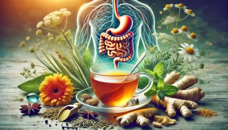 DALL·E 2024-11-20 10.55.23 - A detailed and vibrant image showcasing the relationship between herbal tea and the digestive system