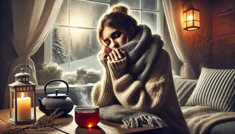 DALL·E 2024-11-20 10.58.27 - A high-quality, detailed image of a tired person in a cozy winter setting, sitting with a steaming cup of tea