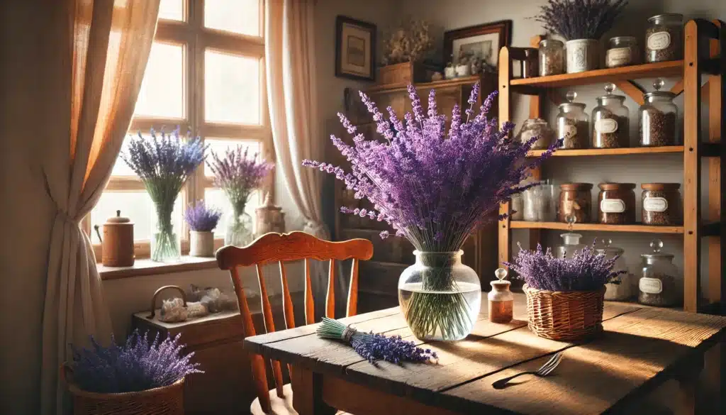 DALL·E 2024 12 05 11.45.09 A cozy and charming interior scene featuring a rustic wooden table with a vase of freshly cut lavender flowers as the centerpiece. The room is softly