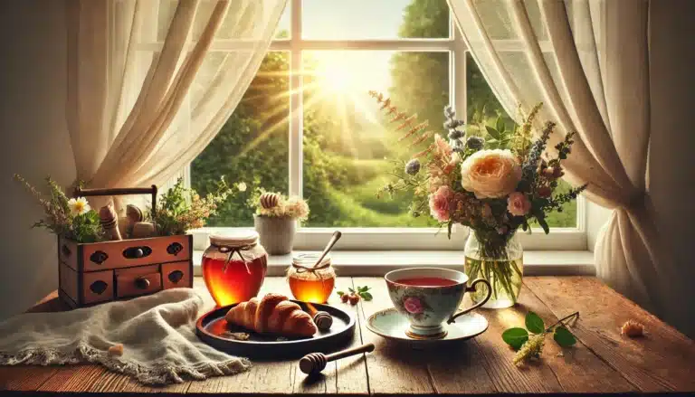 DALL·E 2024-12-13 12.46.41 - A captivating morning scene with an elegant cup of tea on a wooden table near a window